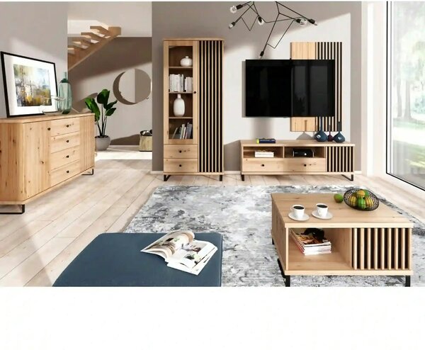 Comoda CALI C4, stejar arisan/negru, PAL, cu 4 sertare si 2 usi, 142.1
