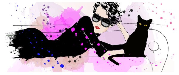 Tablou - Femeia cu pisică neagră (120x50 cm)