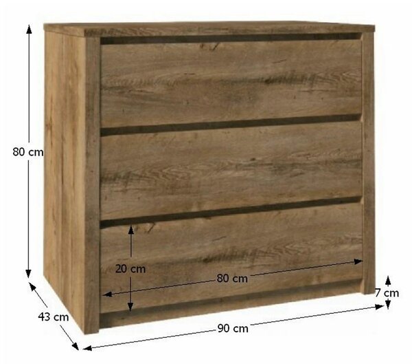 Comoda MONTANA K3S, stejar lefkas inchis, PAL melaminat, 90x43x80 cm