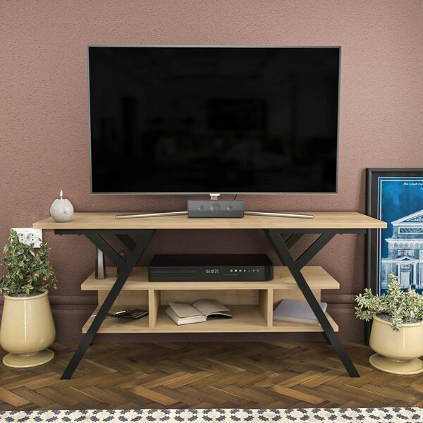 Comoda TV MINERVA, stejar/negru, PAL/metal, 120x35x55 cm