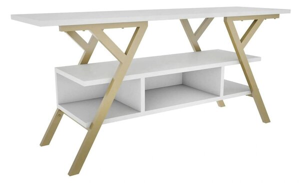 Comoda TV Minerva, alb/auriu, PAL/metal, 120x35x55 cm