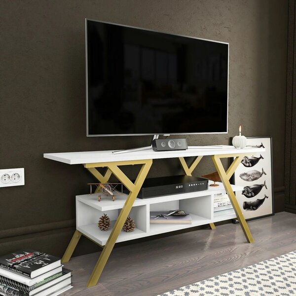 Comoda TV Minerva, alb/auriu, PAL/metal, 120x35x55 cm