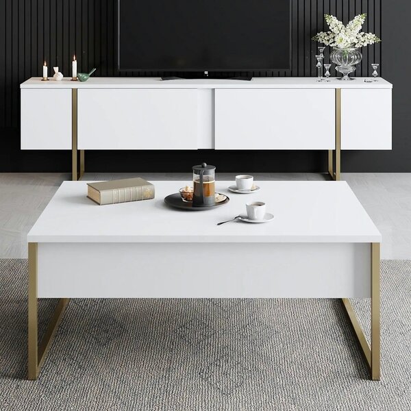 Comoda TV Luxe, alb/auriu, PAL/metal, 180x30x50 cm