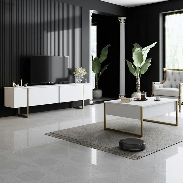 Comoda TV Luxe, alb/auriu, PAL/metal, 180x30x50 cm