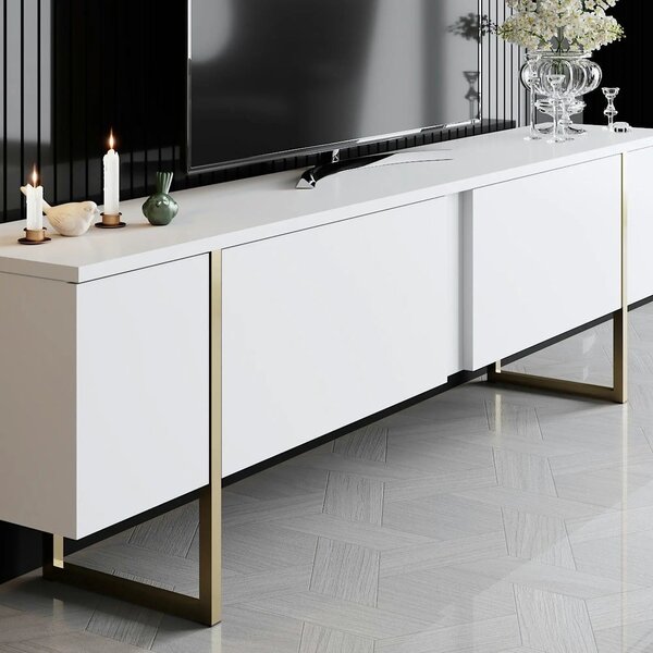 Comoda TV Luxe, alb/auriu, PAL/metal, 180x30x50 cm