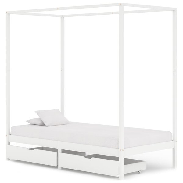 Cadru pat cu baldachin 2 sertare alb 100x200 cm lemn masiv pin
