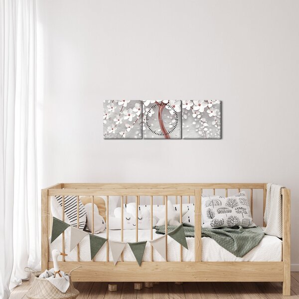 Tablou - Imaginea copacului alb cu flori albe, rosegold (cu ceas) (90x30 cm)