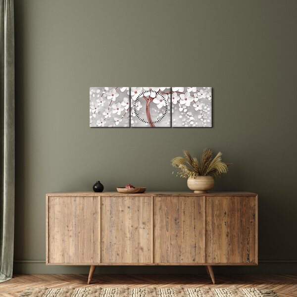 Tablou - Imaginea copacului alb cu flori albe, rosegold (cu ceas) (90x30 cm)