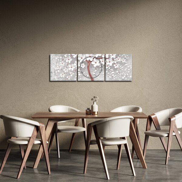 Tablou - Imaginea copacului alb cu flori albe, rosegold (cu ceas) (90x30 cm)