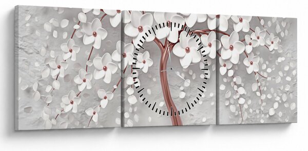 Tablou - Imaginea copacului alb cu flori albe, rosegold (cu ceas) (90x30 cm)