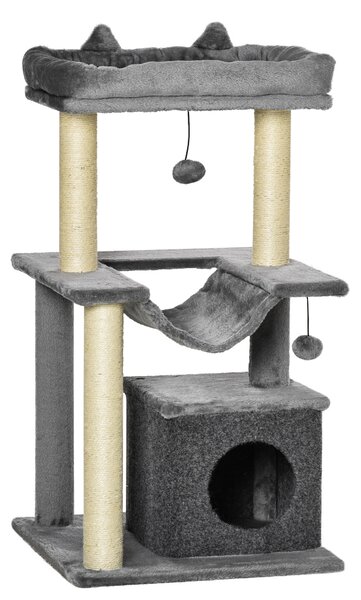 PawHut Arbore pentru Pisici cu Stalp de zgariat din Franghie din Sisal, Casuta, Perna si Hamac, Husa din Plus si Pasla, Inaltime 100 cm - Gri