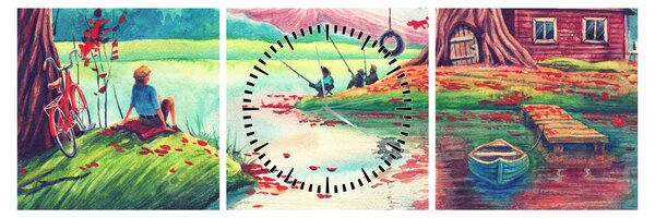Tablou - Acuarelă, Golf într-un sat de munte (cu ceas) (90x30 cm)