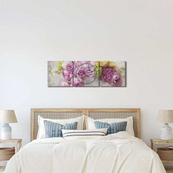 Tablou - Flori pe perete culorile pastel (cu ceas) (90x30 cm)