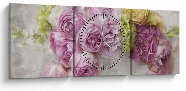 Tablou - Flori pe perete culorile pastel (cu ceas) (90x30 cm)