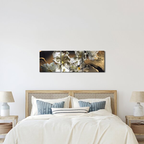 Tablou - Flori de orhidee pe fundal de marmură (cu ceas) (90x30 cm)