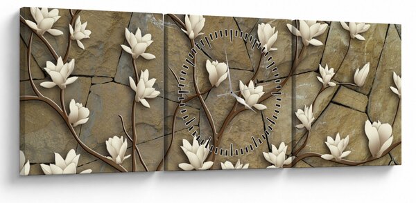 Tablou - Magnolii albe pe zidărie de piatră (cu ceas) (90x30 cm)