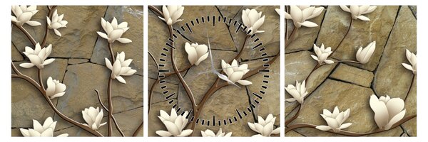 Tablou - Magnolii albe pe zidărie de piatră (cu ceas) (90x30 cm)