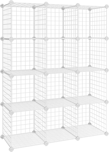 Raft de depozitare cu zăbrele cu 12 cuburi, raft cu rafturi din plasă metalică, alb | SONGMICS