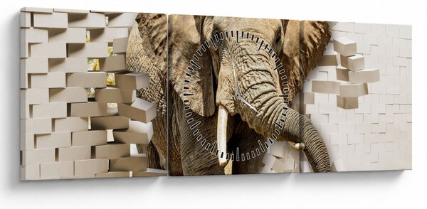Tablou - Elefant spârgând peretele (cu ceas) (90x30 cm)