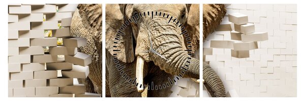 Tablou - Elefant spârgând peretele (cu ceas) (90x30 cm)