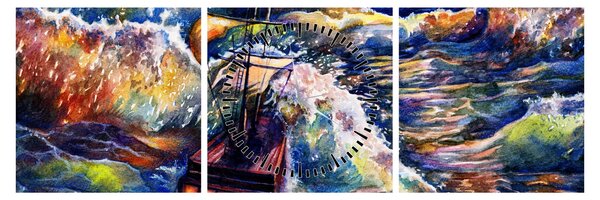 Tablou - Navă pe valurile oceanului, aquarelă (cu ceas) (90x30 cm)