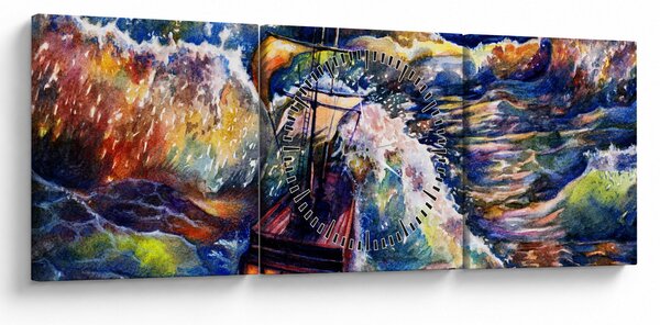 Tablou - Navă pe valurile oceanului, aquarelă (cu ceas) (90x30 cm)