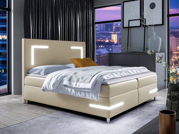 Pat matrimonial 160 cm Frinesa LED (crem) (cu somieră și saltea) (cu sp. depozitare) (cu iluminat LED). 1104223