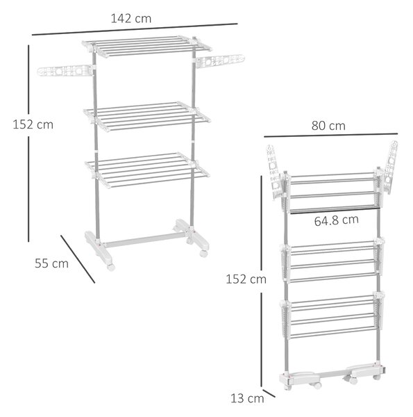 HOMCOM Uscător Vertical de Rufe Pliabil cu 6 Roți și 3 Rafturi Reglabile, 142x55x172 cm, Alb și Argintiu | Aosom Romania