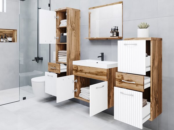 Z0ND0 Mobilier baie Lomesa MDF (Stejar wotan + Alb lamel) (cu sifon). 1103972