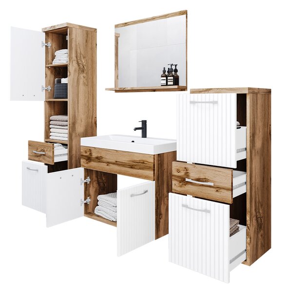 Z0ND0 Mobilier baie Lomesa MDF (Stejar wotan + Alb lamel) (cu sifon). 1103972