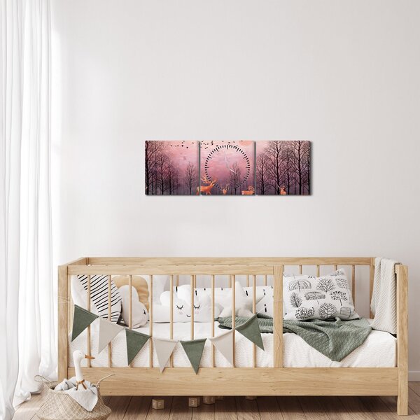 Tablou - Căprioare în strălucirea apusului de soare (cu ceas) (90x30 cm)