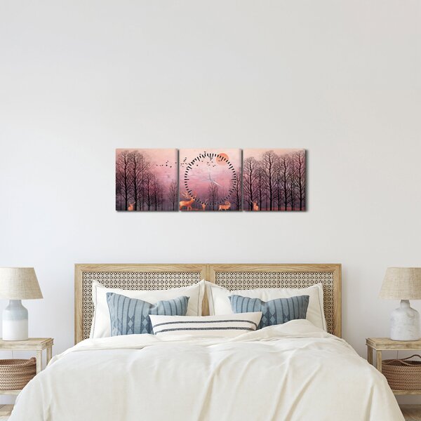 Tablou - Căprioare în strălucirea apusului de soare (cu ceas) (90x30 cm)