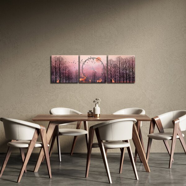 Tablou - Căprioare în strălucirea apusului de soare (cu ceas) (90x30 cm)