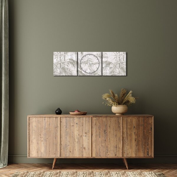 Tablou - Plante tropicale pe perete gri (cu ceas) (90x30 cm)