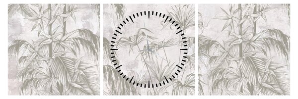 Tablou - Plante tropicale pe perete gri (cu ceas) (90x30 cm)