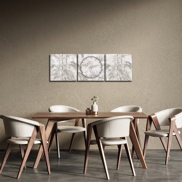 Tablou - Plante tropicale pe perete gri (cu ceas) (90x30 cm)