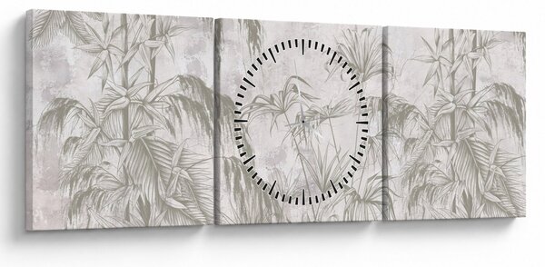 Tablou - Plante tropicale pe perete gri (cu ceas) (90x30 cm)