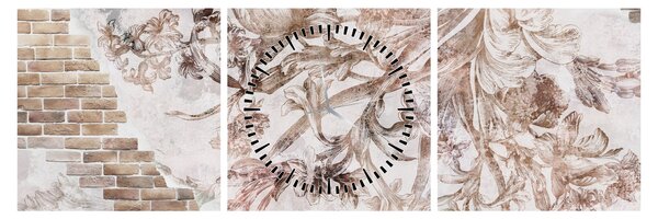 Tablou - Frescă florală pe un perete de cărămidă (cu ceas) (90x30 cm)