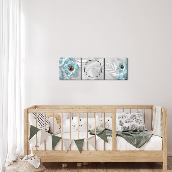 Tablou - 3D Flori albastre (cu ceas) (90x30 cm)