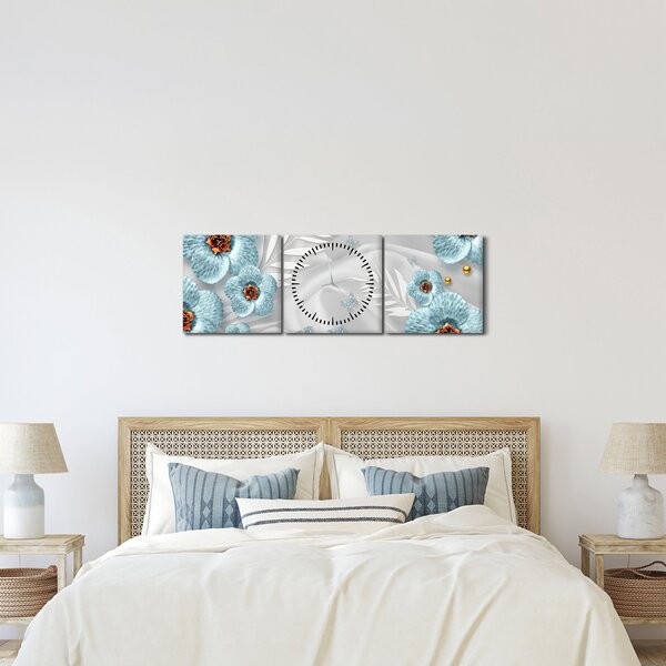 Tablou - 3D Flori albastre (cu ceas) (90x30 cm)