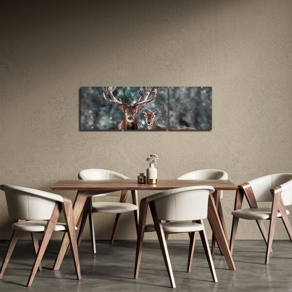 Tablou - Cerb și căprioare în pădurea înzăpezită (cu ceas) (90x30 cm)