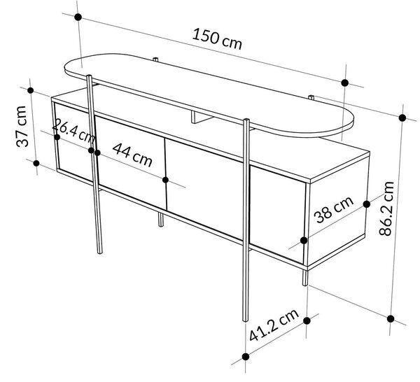 Comoda HANLEY, alb/negru cu efect de marmura, PAL melaminat/metal, 150