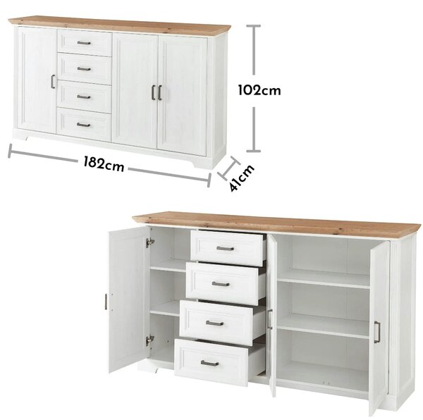 Comoda JASMIN, alb/stejar artisan, PAL, cu 3 usi si 4 sertare, 182x41x