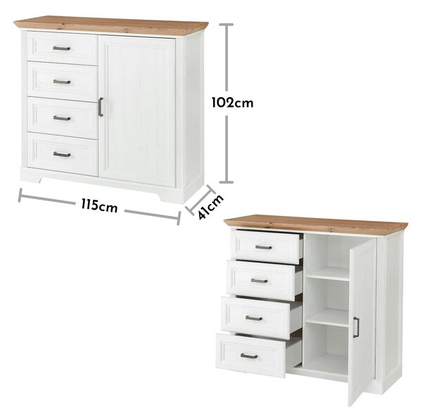 Comoda JASMIN, alb/stejar artisan, PAL, cu o usa si 4 sertare, 115x41x