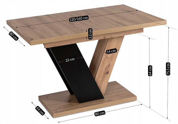Masă sufragerie extensibilă Comentado (stejar artisan + negru) (pentru 4-6 persoane). 1119013