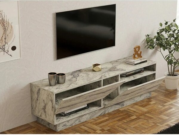 Comoda TV KOZA, bej cu efect de marmura, PAL melaminat, 160x40x45 cm
