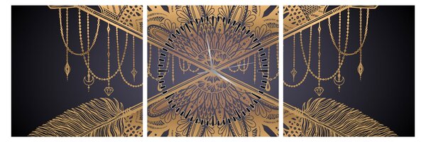 Tablou - Mandala aurie cu săgeți (cu ceas) (90x30 cm)