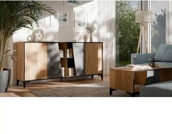 Comoda OVO, stejar/gri beton, PAL laminat, 180x38x83 cm