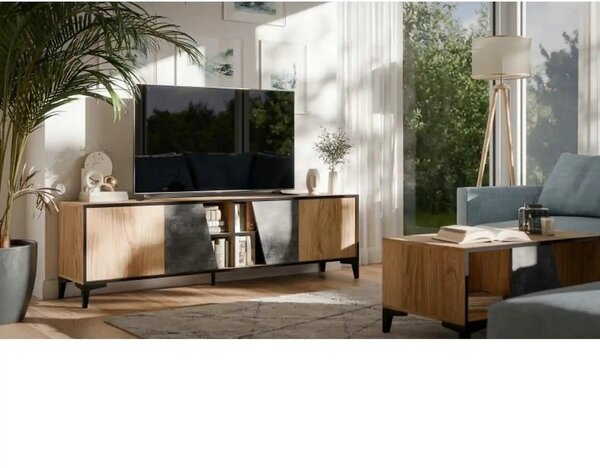 Comoda TV OVO, stejar/gri beton, PAL laminat, 180x38x53 cm