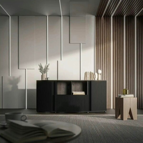 Comoda MICHELLE, negru/stejar, PAL laminat, 178x47x82 cm